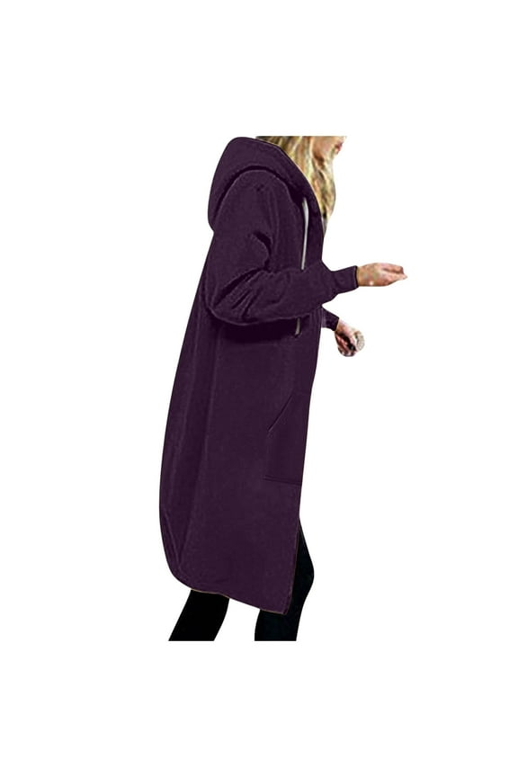 Women A Autumn Winter Casual Fashion Solid Color Drawstring Hooded Long Zipper Pocket Coat Long Jacket Coat Zip up Hooded Sweatshirt Women Light Hooded Sweat Shirt for Women Cowl Neck Side Slit
