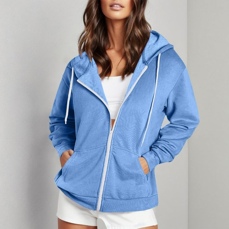 Women Autumn Winter Casual Fashion Solid Color Zipper Hooded Jacket Drawstring Pocket Zipper Sports Jacket Coat Walmart