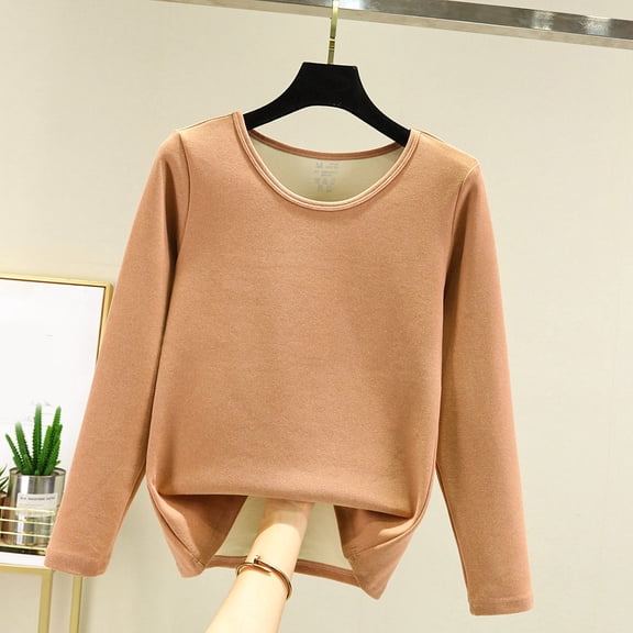 Women Autumn And Winter Casual Solid Color Long Sleeve Round Neck Multicolor Thickened Warm Top Ladies Thermal Tops Pack Thermal Mens Underwear Top Ladies Thermal Tops V Neck Casual Long Sleeve Tops