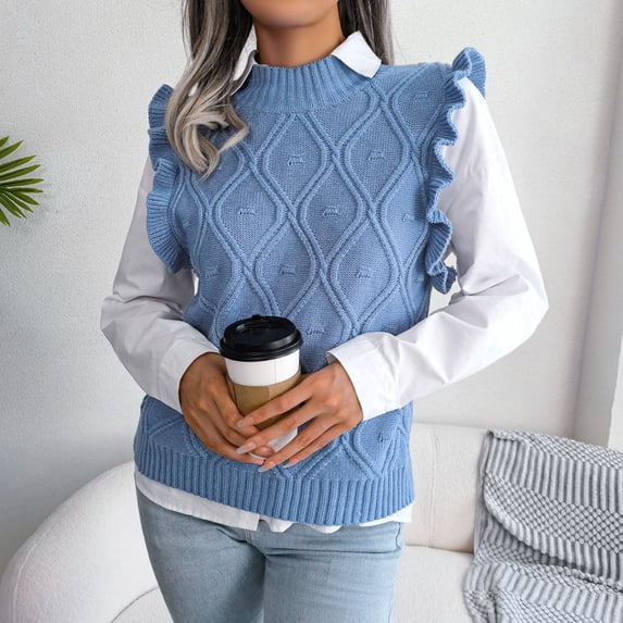 Women Autumn And Winter Casual Solid Color O Neck Knit Sweater Vest Knitted Sleeveless Checked Knitwear Tanks Print Vest Womens Sweaters Vest Sweater Vest Tunic Slouchy Sweater Small Top V Neck