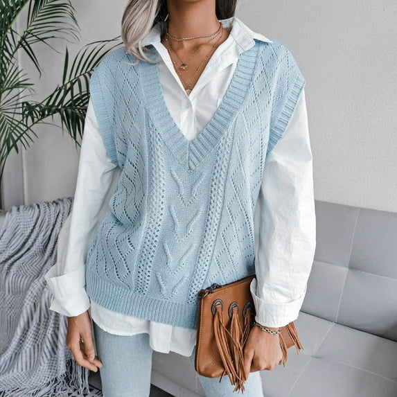 Women Autumn And Winter Casual Solid Color V Neck Knit Sweater Vest Knitted Sleeveless Checked Knitwear Tanks Sweater Vest Coat Women Sleeveless Sweater Vest Women Sleeveless Sweater Women Plaid