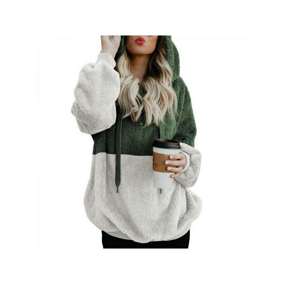 Women Autumn Winter Color Stitching Sweater Warm Soft Loose Hoodie Long Sleeved Casual Tops