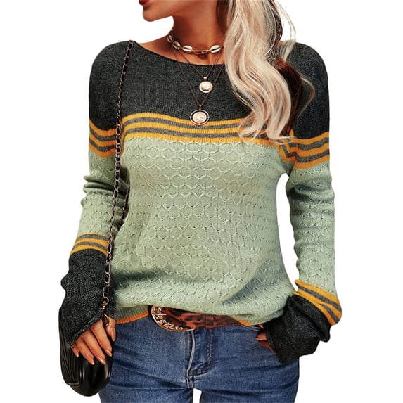 Women Autumn Winter Colorblock Pullover Sweaters Round Neck Striped Slim Fitting Knitwear Tops