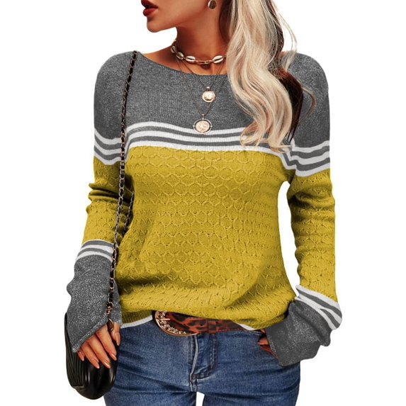 Women Autumn Winter Colorblock Pullover Sweaters Round Neck Striped Slim Fitting Knitwear Tops