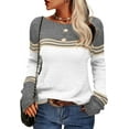 thumbnail image 1 of Women Autumn Winter Colorblock Pullover Sweaters Round Neck Striped Slim Fitting Knitwear Tops, 1 of 9