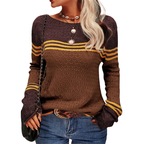 Women Autumn Winter Colorblock Pullover Sweaters Round Neck Striped Slim Fitting Knitwear Tops