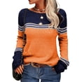 thumbnail image 1 of Women Autumn Winter Colorblock Pullover Sweaters Round Neck Striped Slim Fitting Knitwear Tops, 1 of 6