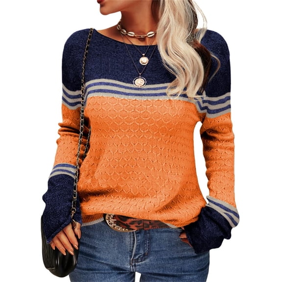 Women Autumn Winter Colorblock Pullover Sweaters Round Neck Striped Slim Fitting Knitwear Tops