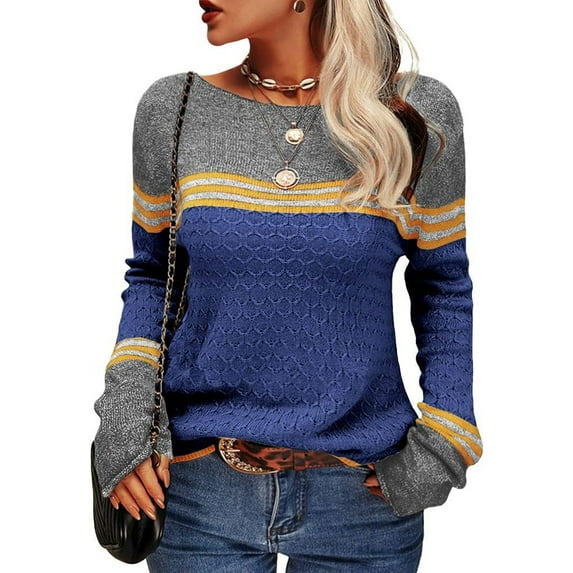 Women Autumn Winter Colorblock Pullover Sweaters Round Neck Striped Slim Fitting Knitwear Tops