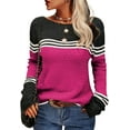 thumbnail image 1 of Women Autumn Winter Colorblock Pullover Sweaters Round Neck Striped Slim Fitting Knitwear Tops, 1 of 9
