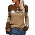 thumbnail image 1 of Women Autumn Winter Colorblock Pullover Sweaters Round Neck Striped Slim Fitting Knitwear Tops, 1 of 9