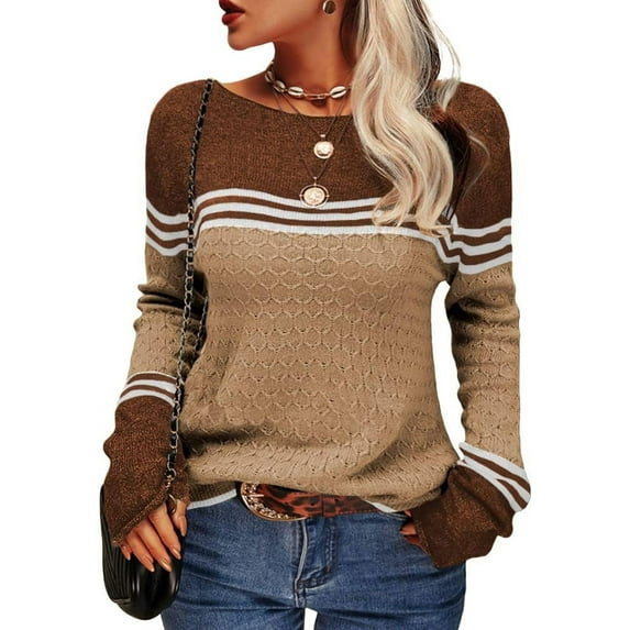 Women Autumn Winter Colorblock Pullover Sweaters Round Neck Striped Slim Fitting Knitwear Tops