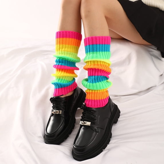 Women Autumn Winter Colorful Neon Yarn Knitted Leg Warmers Halloween Party Thick Leg Slouchy Socks Multicolour