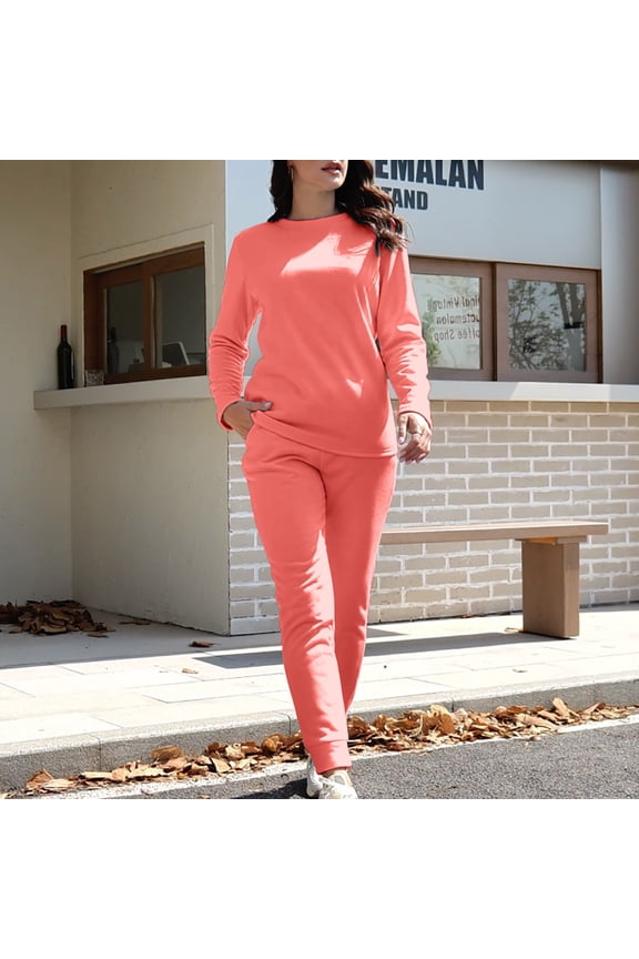 Women Autumn and Winter Comfortable Casual Solid Color Round Neck Long Sleeved Plus Bottoming Shirt Mid Length Elastic Waist Trousers Thickened Slim Fit Warm Suit Mens Thermal Tops Soft Mens