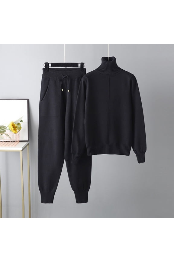 Women Autumn And Winter Fashion Temperament Loose Casual High Neck Top And Wide Leg Pants Knitted Sweater Two Piece Suit Homecoming Suits for Women Petite Pant Suits for Women Dressy Work Out Outfit