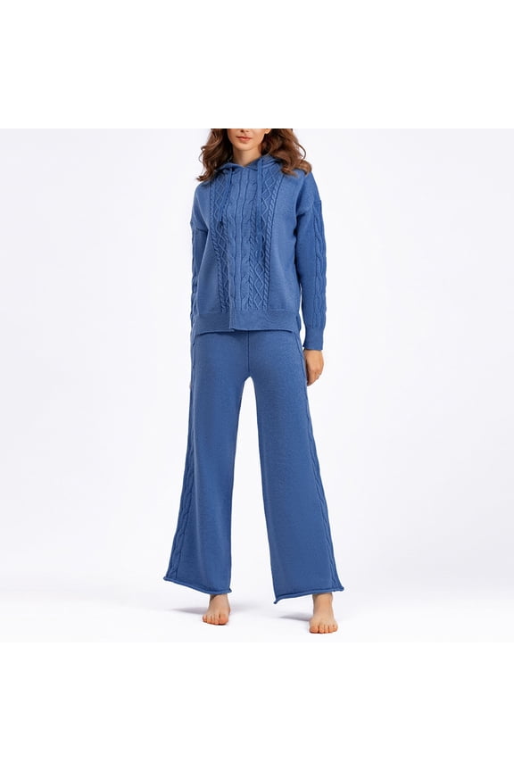 Women Autumn And Winter Fashion Temperament Loose Casual Hoodies Neck Top And Wide Leg Pants Knitted Sweater Two Piece Suit Prom Suits for Women Casual Outfits Suits for Wedding Women Fitted Wide Leg