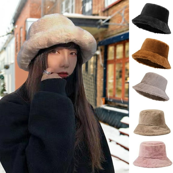Women Autumn Winter Fisherman Hat Imitation Rabbit Fur Plush Bucket Hat Solid Color Flat Top Wide Brim Basin Hat Streetwear