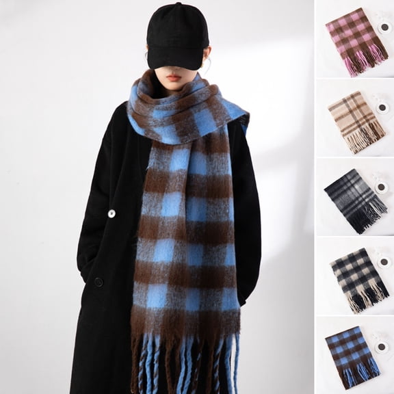 Women Autumn Winter Fluffy Scarf Plaid Print Thickened Warm Shawl Elegant Tassels Coldproof Long Scarf