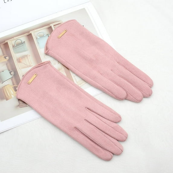 Women Autumn Winter Keep Warm Touch Screen Thin Solid Simple Gloves Cycling Drive Suede Fabric Elegant Windproof (Pink)