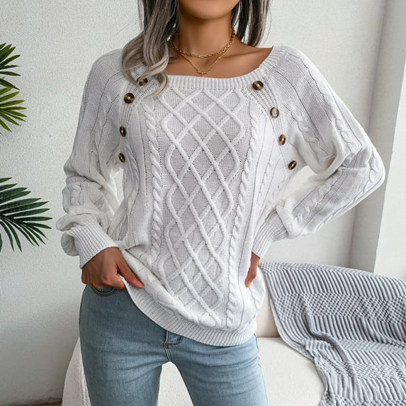Women Autumn Winter Knit Sweater Casual Square Neck Twist Knit Pullover Sweater