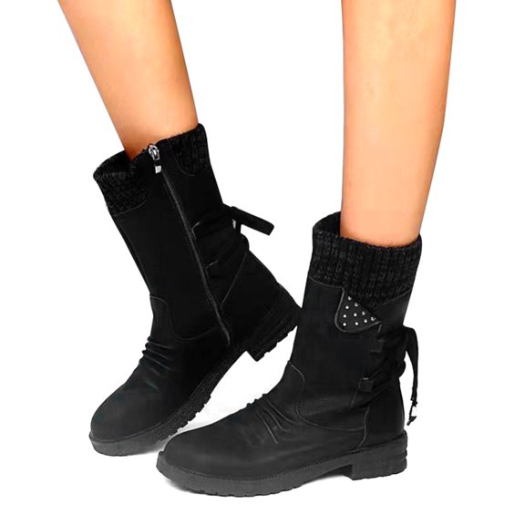 Women Autumn Winter Knitting Patchwork Faux Zipper Buckle Lace-Up Back Flat Heel Mid-Calf Ankle Booties