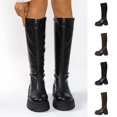 thumbnail image 1 of Women Autumn Winter Round Toe Zipper Block Mid Heel Knee High Tall Boots Glossy Patent Leather Boots Brown 9(42), 1 of 9