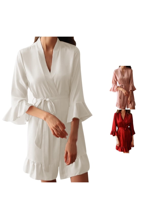 For Women Autumn Winter Silk Kimono with Ruffled Sleeves Sleepwear Japanese Kimonos plus Size Womens Bath Robe Womens Housecoats Flannel Buttons Long Hooded Robe Kimonos for Women Japanese