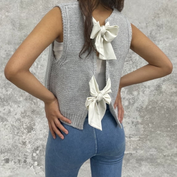 Women Autumn And Winter Solid Color Casual Short Knitted Sweater Vest Top Knitted Bow Vest Vest Sweater Vest plus Size Vest Dress Women Cropped Sweater Vest Christmas Vests Women 's Cardigan Sweater