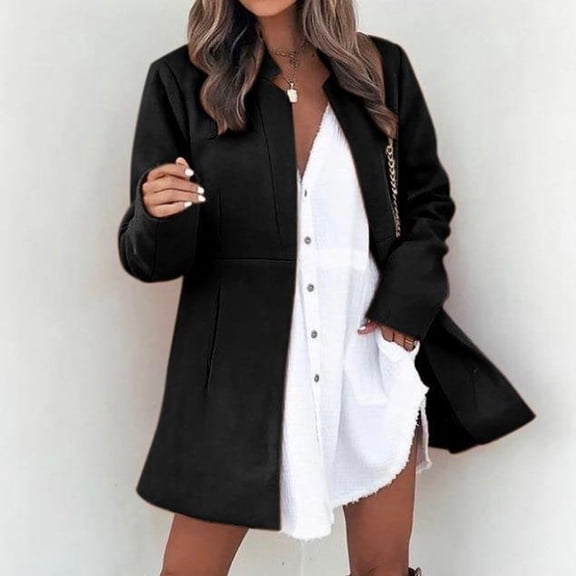 Women Autumn And Winter Solid Color Temperament Warm Slim Long Sleeve Pocket Woolen Coat Winter Jackets Women Long Wool Coat Womens Business Elegant Womens Coats Long Straight Coat Solid Coat Women