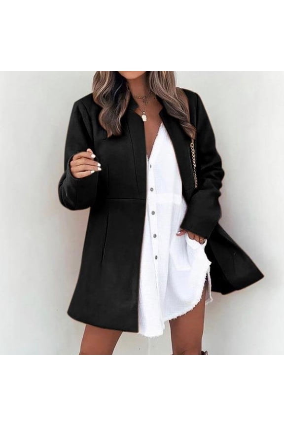Women Autumn And Winter Solid Color Temperament Warm Slim Long Sleeve Pocket Woolen Coat Winter Jackets Women Long Wool Coat Womens Business Elegant Womens Coats Long Straight Coat Solid Coat Women
