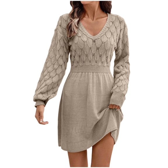 Women Autumn Winter Sweater Dresses V-neck Crochet Knitted Long Pullovers Sweaters Dress Long Style Elegant Atmospheric Tight Fitting Party Dresses Khaki S