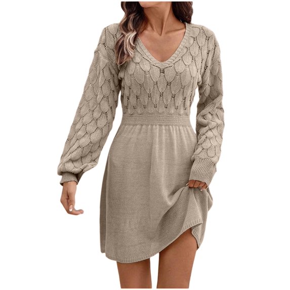 Women Autumn Winter Sweater Dresses V-neck Crochet Knitted Long Pullovers Sweaters Dress Long Style Elegant Atmospheric Tight Fitting Party Dresses Khaki L