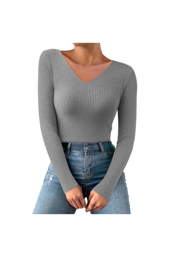 Women Autumn and Winter Womens Thermal Tops Long Sleeve Pack V Neck Casual Knitted Long Sleeved Pullover Thermal Top Women Long Sleeve Top
