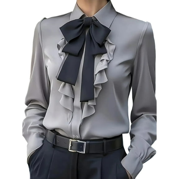 Women B-Ow Tie Neck Blouse Elegant Loose Button Down Ruffle Trim Shirts Long Sleeve Lapel Collar Tops Gray L