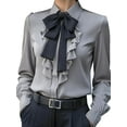 thumbnail image 1 of Women B-Ow Tie Neck Blouse Elegant Loose Button Down Ruffle Trim Shirts Long Sleeve Lapel Collar Tops Gray S, 1 of 3