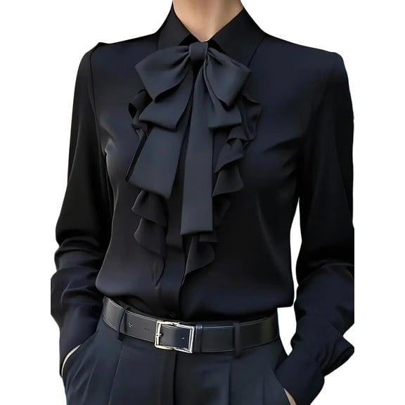 Women B-Ow Tie Neck Blouse Elegant Loose Button Down Ruffle Trim Shirts Long Sleeve Lapel Collar Tops
