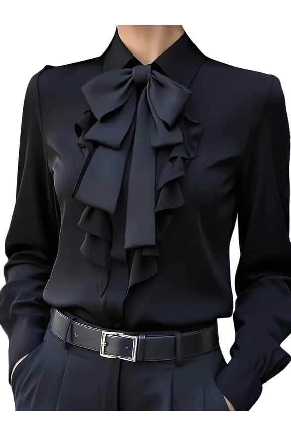 Women B-Ow Tie Neck Blouse Elegant Loose Button Down Ruffle Trim Shirts Long Sleeve Lapel Collar Tops