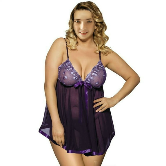 Women Baby Doll Lingerie Transparent Plus Size Lace V-neck Sleepwear Dress