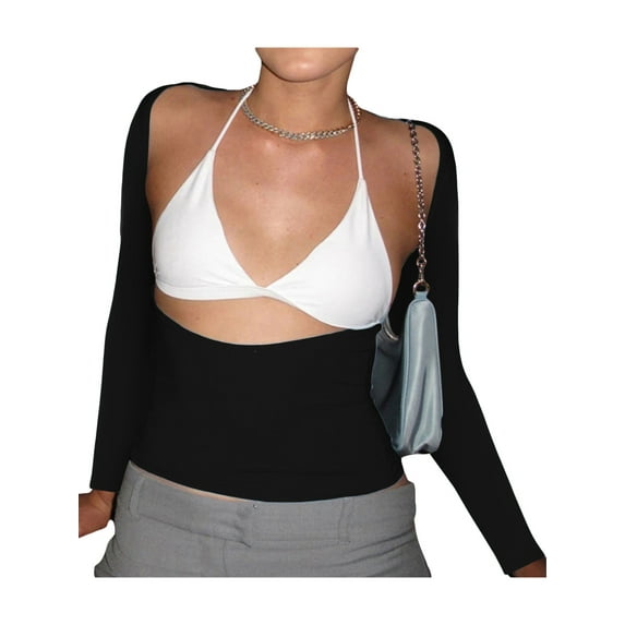 Women Backless Bodycon Long Sleeve Shirt Square Neck Slim Fit Crop Tops Retro Blouse Vintage Y2k Streetwear(White-B,Small)