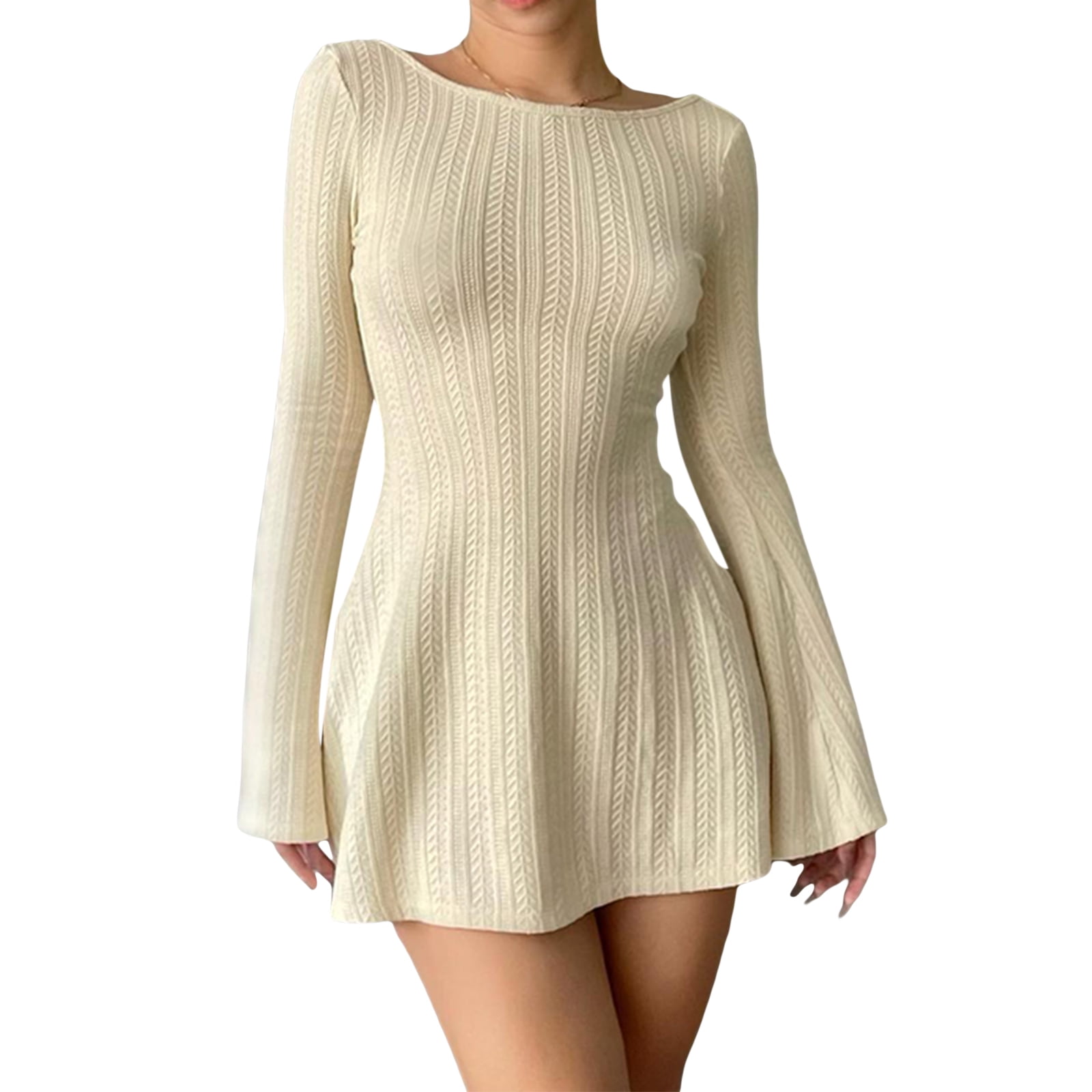 【超目玉】 Backless Women Bodycon Knit Sleeve Long Dress Short Mini Clothing