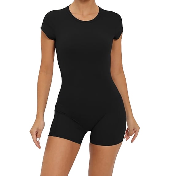 Women Backless Bodysuit Jumpsuits One Piece Shorts Rompers Yoga Short Sleeve Round Neck Bodycon Workout Outfits (Medium, Black)