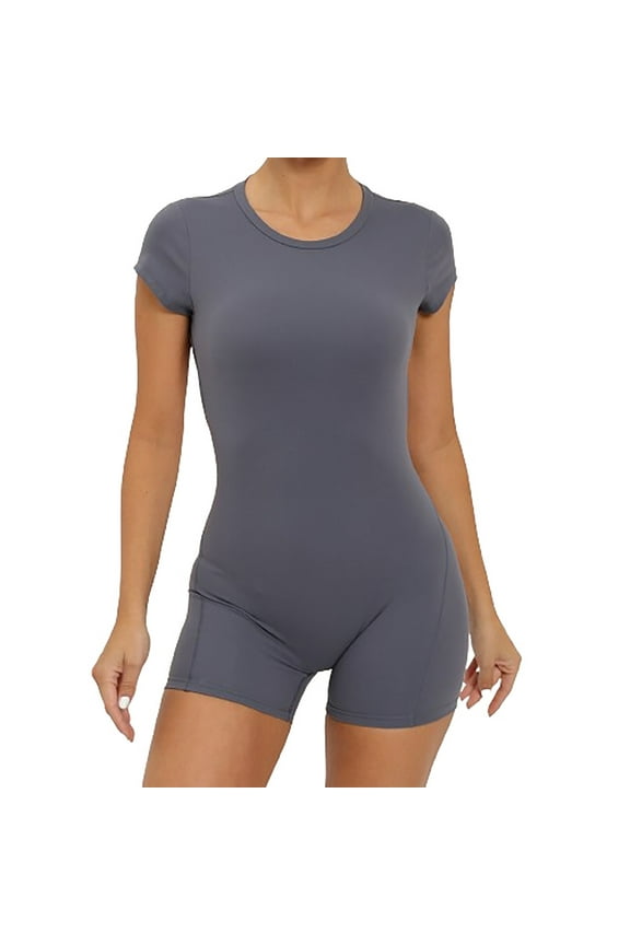 Women Backless Bodysuit Jumpsuits One Piece Shorts Rompers Yoga Short Sleeve Round Neck Bodycon Workout Outfits (M, Dark Gray)