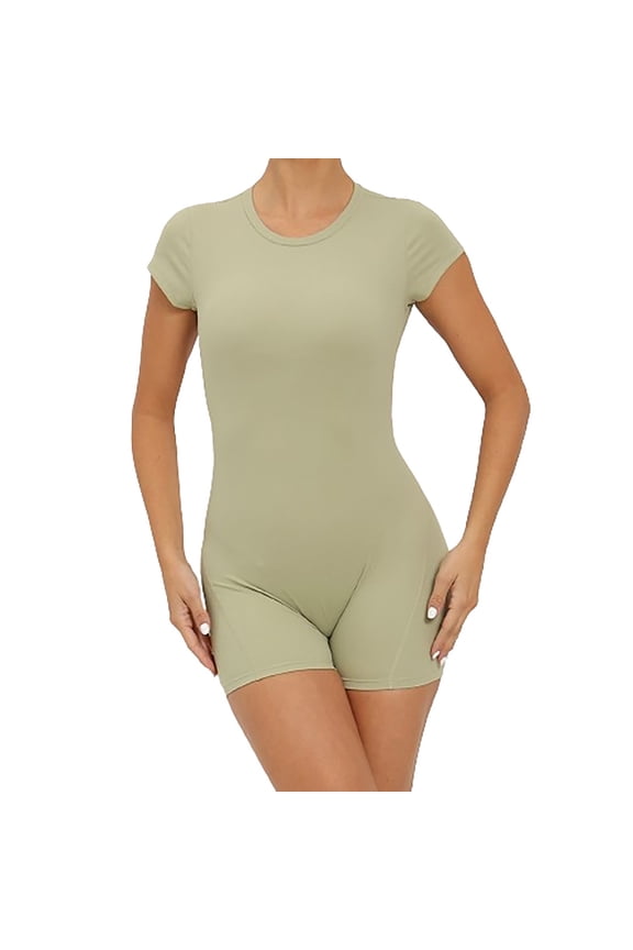 Women Backless Bodysuit Jumpsuits One Piece Shorts Rompers Yoga Short Sleeve Round Neck Bodycon Workout Outfits (M, Green)