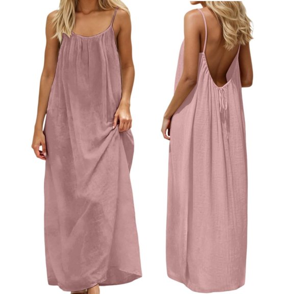 Women Backless Cami Dress, Summer Casual Sleeveless House Lounge Dresses, Spaghetti Strap Flowy Long Beach Sundress Orange