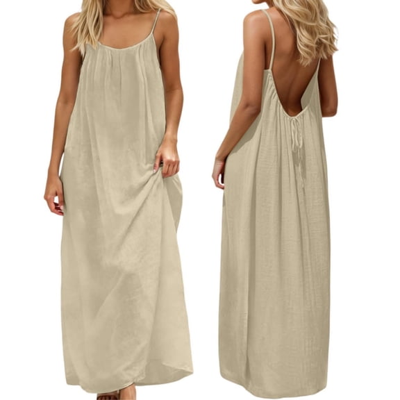 Women Backless Cami Dress, Summer Casual Sleeveless House Lounge Dresses, Spaghetti Strap Flowy Long Beach Sundress Orange