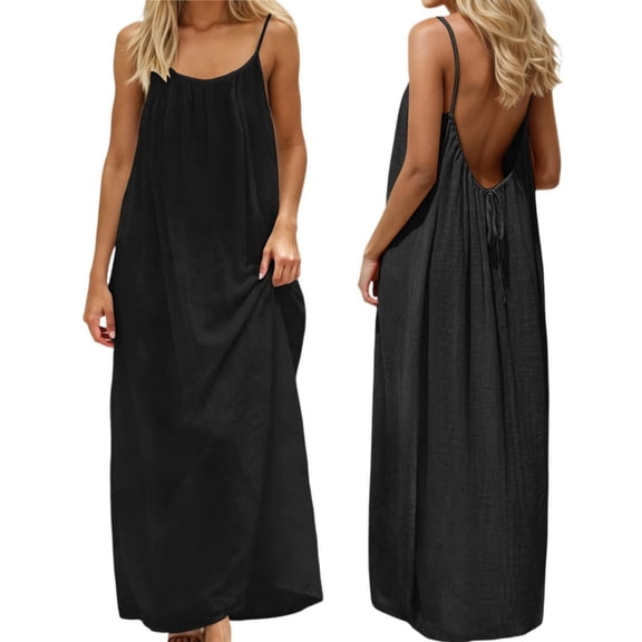 Women Backless Cami Dress, Summer Casual Sleeveless House Lounge Dresses, Spaghetti Strap Flowy Long Beach Sundress Orange