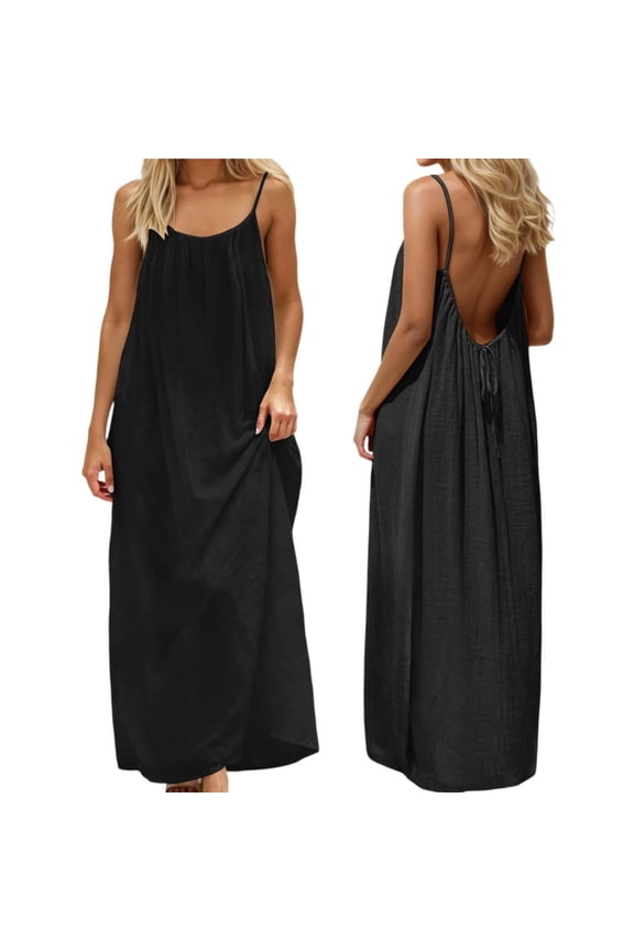 Women Backless Cami Dress, Summer Casual Sleeveless House Lounge Dresses, Spaghetti Strap Flowy Long Beach Sundress Orange