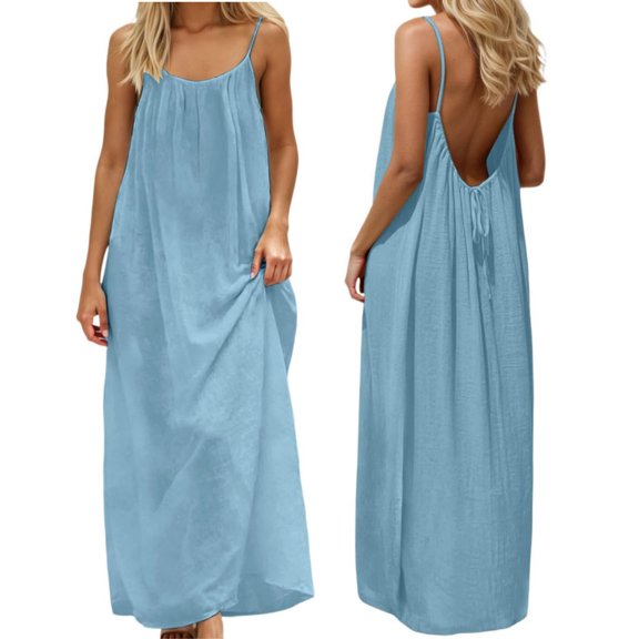 Women Backless Cami Dress, Summer Casual Sleeveless House Lounge Dresses, Spaghetti Strap Flowy Long Beach Sundress Orange