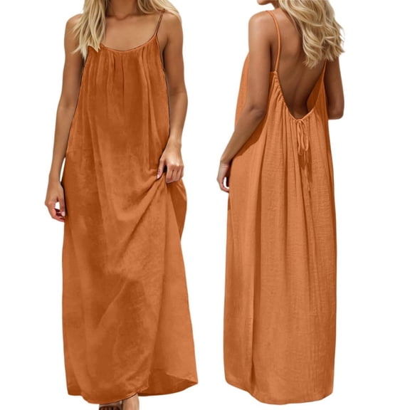 Women Backless Cami Dress, Summer Casual Sleeveless House Lounge Dresses, Spaghetti Strap Flowy Long Beach Sundress Orange