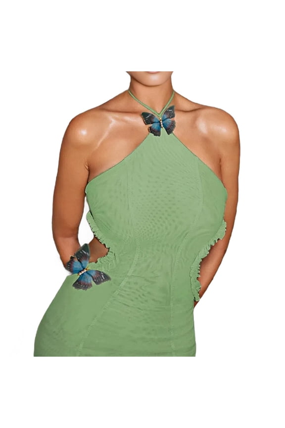 Women Backless Cowl Neck Cocktail Going Out Dress Halter Slip Long Semi Formal Party 2025 Spring Summer Green M